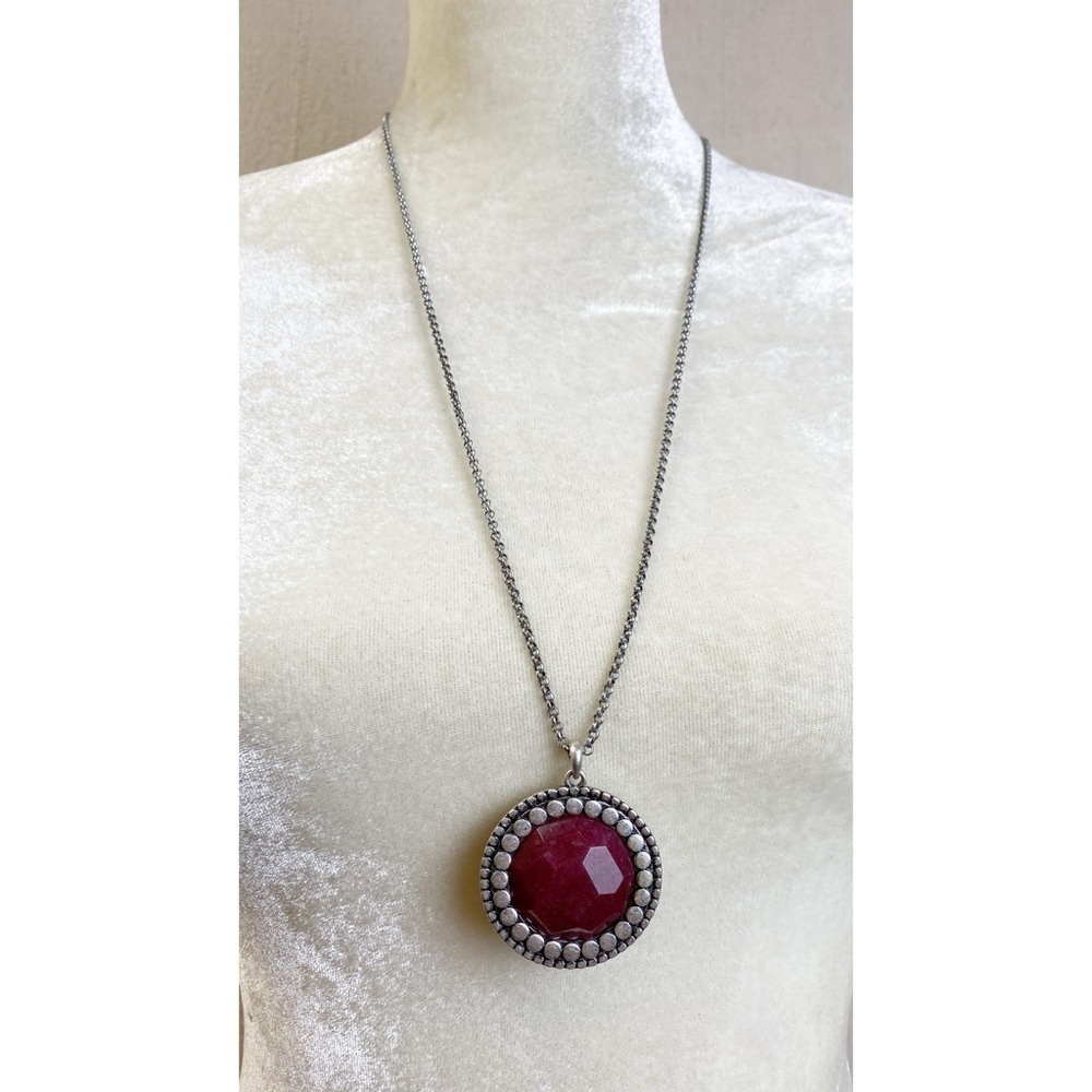 Lucky Brand long silver toned necklace with burgundy stone